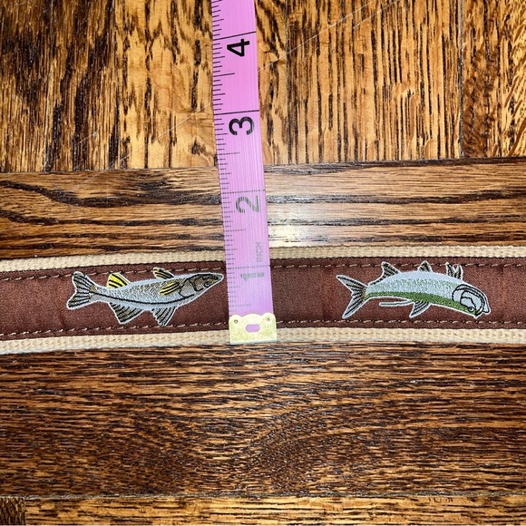 Cabela’s Tan Canvas Leather Ends Solid Brass Buckle Fish Belt Size 42 - Picture 5 of 11